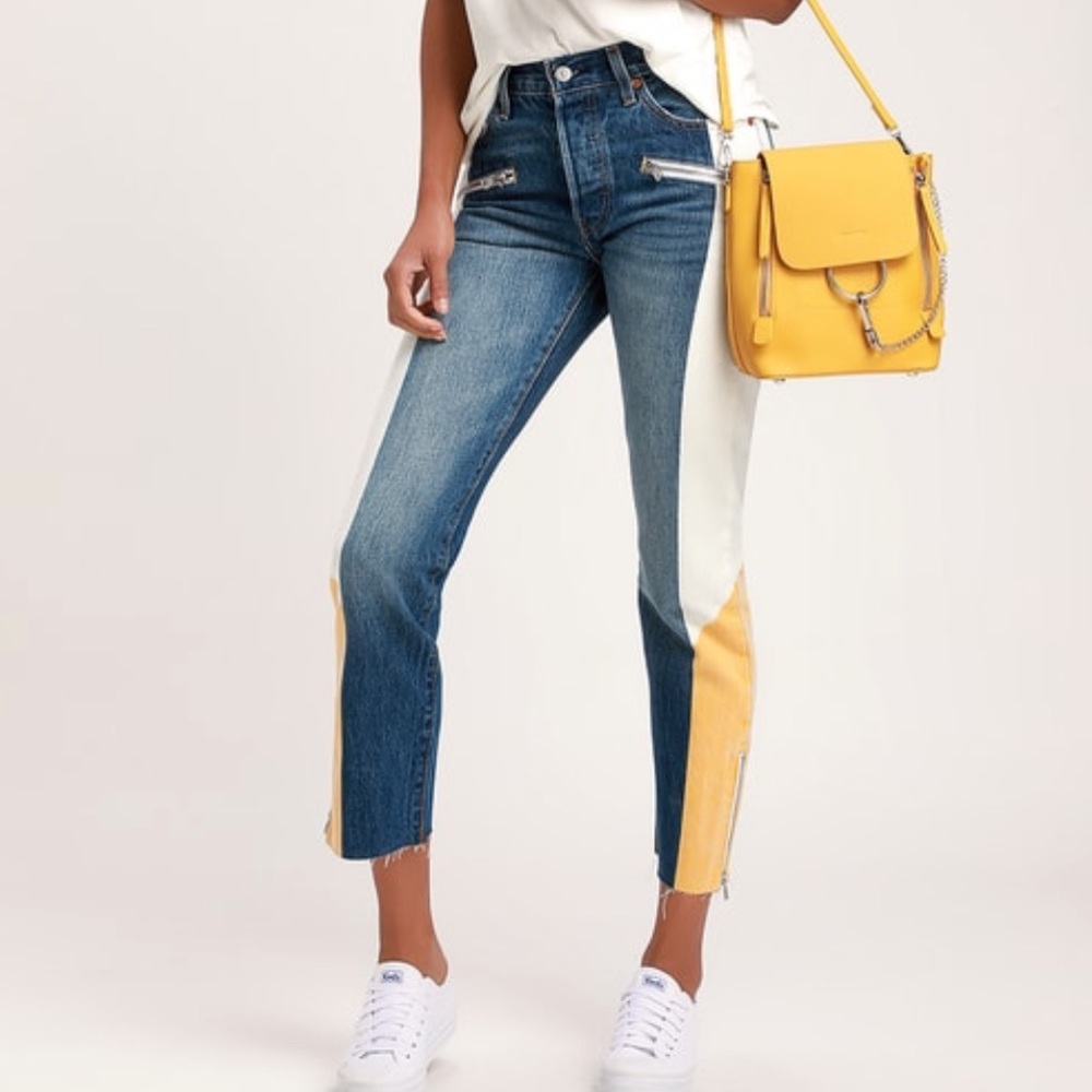 501 Original Medium Wash Color Block Cropped Jeans - Never Worn
